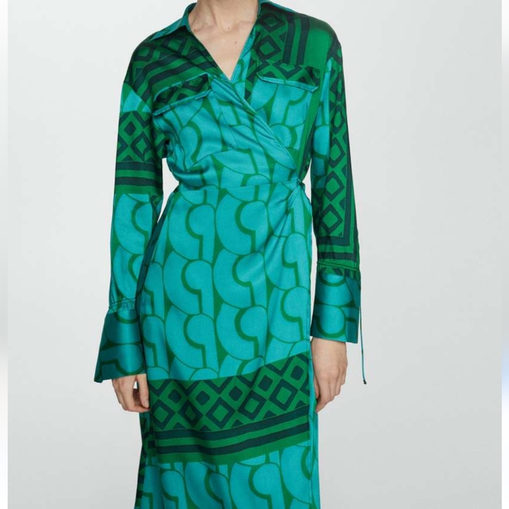 Mango | Green and Blue Wrap Dress with 3/4 Bishop Sleeves for Cocktail - Picture 5 of 14